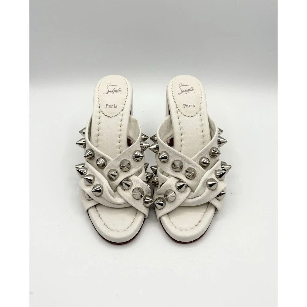 Christian Louboutin White Leather Spiked Spika Club Block Heel Sandal Size EU 36